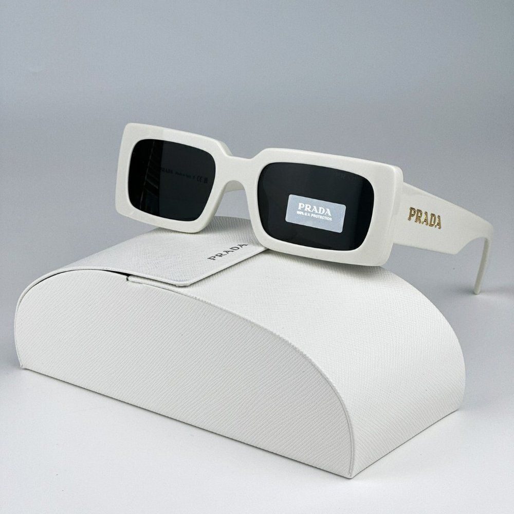 SALE! NEW Prada PR A07S 1425S0 Talc White Dark Grey Rectangle Unisex Sunglasses - Picture 1 of 12